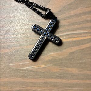 Zales 24”Stainless Steel Black & Blue 2-tone Carbon Fiber Cross Pendant Necklace